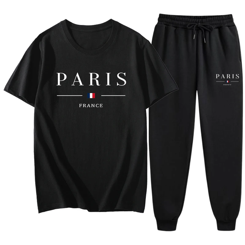 City Style Mens Casual T-shirts and Sweatpants High Quality Paris Printed Streetwear Spring Short Sleeved Tracksuit 10 Colors