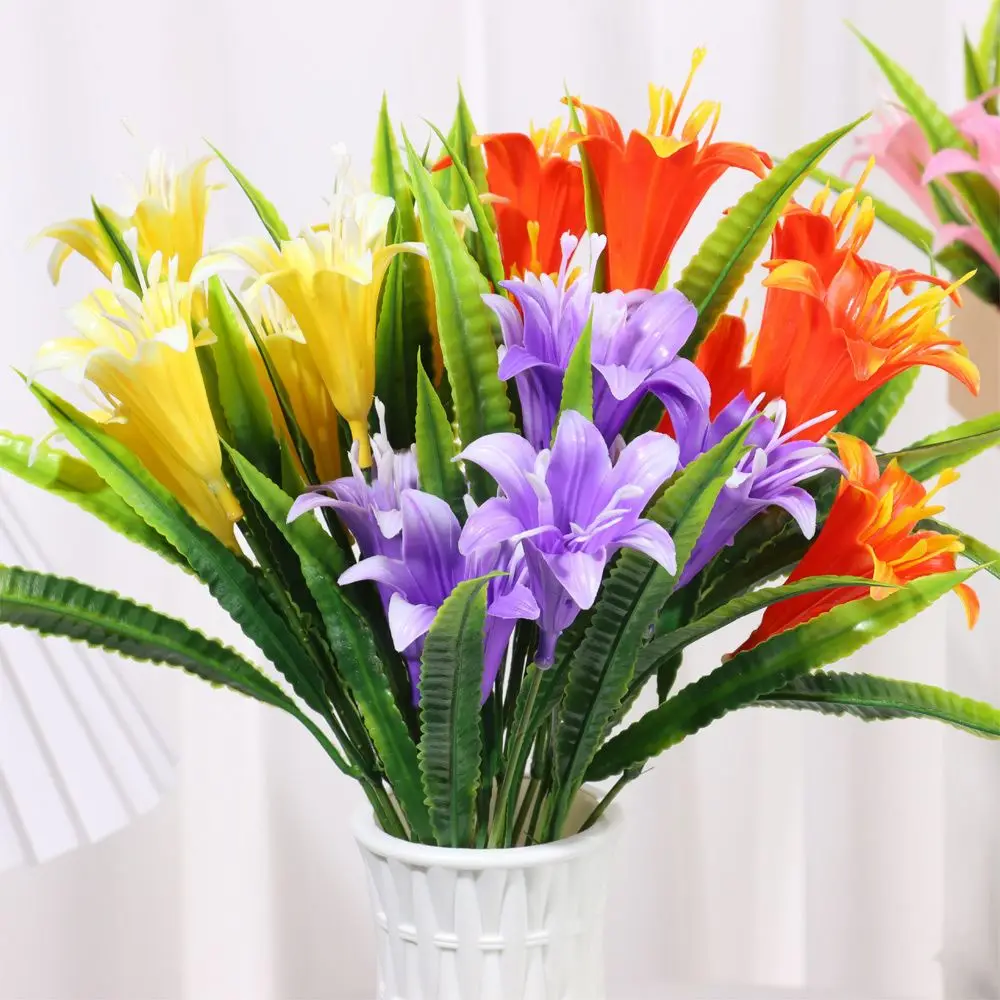 33cm 7Heads Colorful Water Grass Wedding Decor Fake Lily Artificial Flowers Lilies Bouquet Persian Leaf