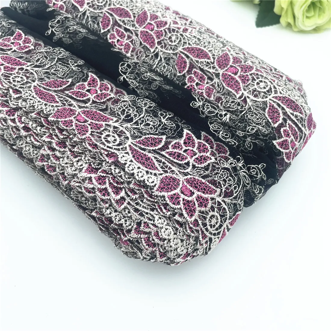 3M/lot 9 1/2inch 24cm Shiny Purple Floral Black Embroidery Lace Skirt Hem Sewing Craft DIY Apparel Fabric Lace Garment Accessory