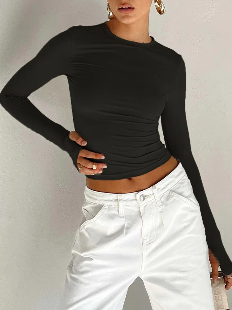 Fashion Women T-shirt Long Sleeve Crew Neck Solid Slim Fit Ladies Crop Top with Thumb Holes for Daily Streetwear Summer Camis image 5