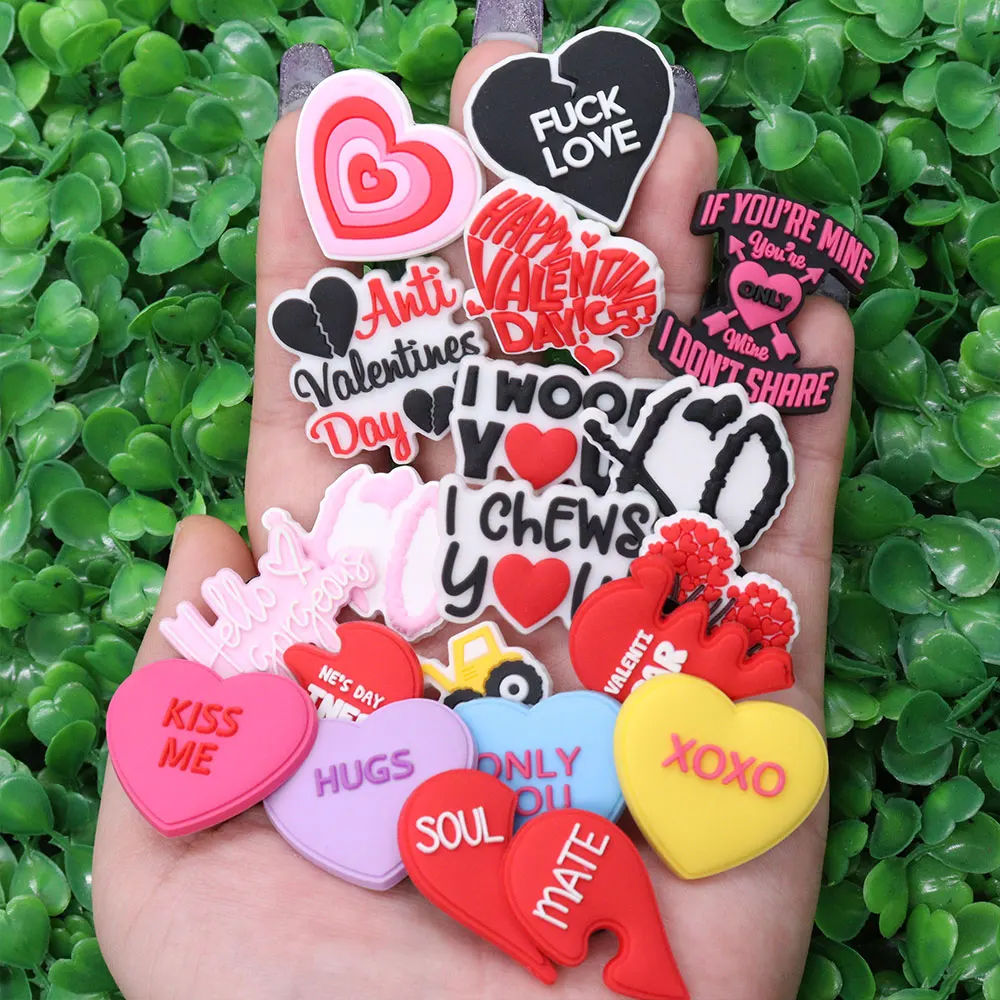 New Arrival 1pcs PVC Shoe Charms Fit Wristbands Flower Soul Mate Kiss Me Only You Happy Valentine's Day Hole Slipper Decoration