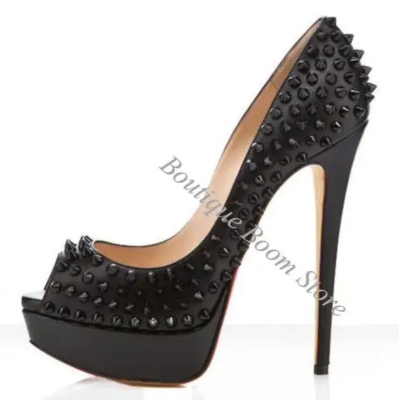 Gold 14cm Super high Heels Platform Pumps Female Rivets Studs Nude Black Patent Leather Peep-Toe Women Wedding Sandals Shoes