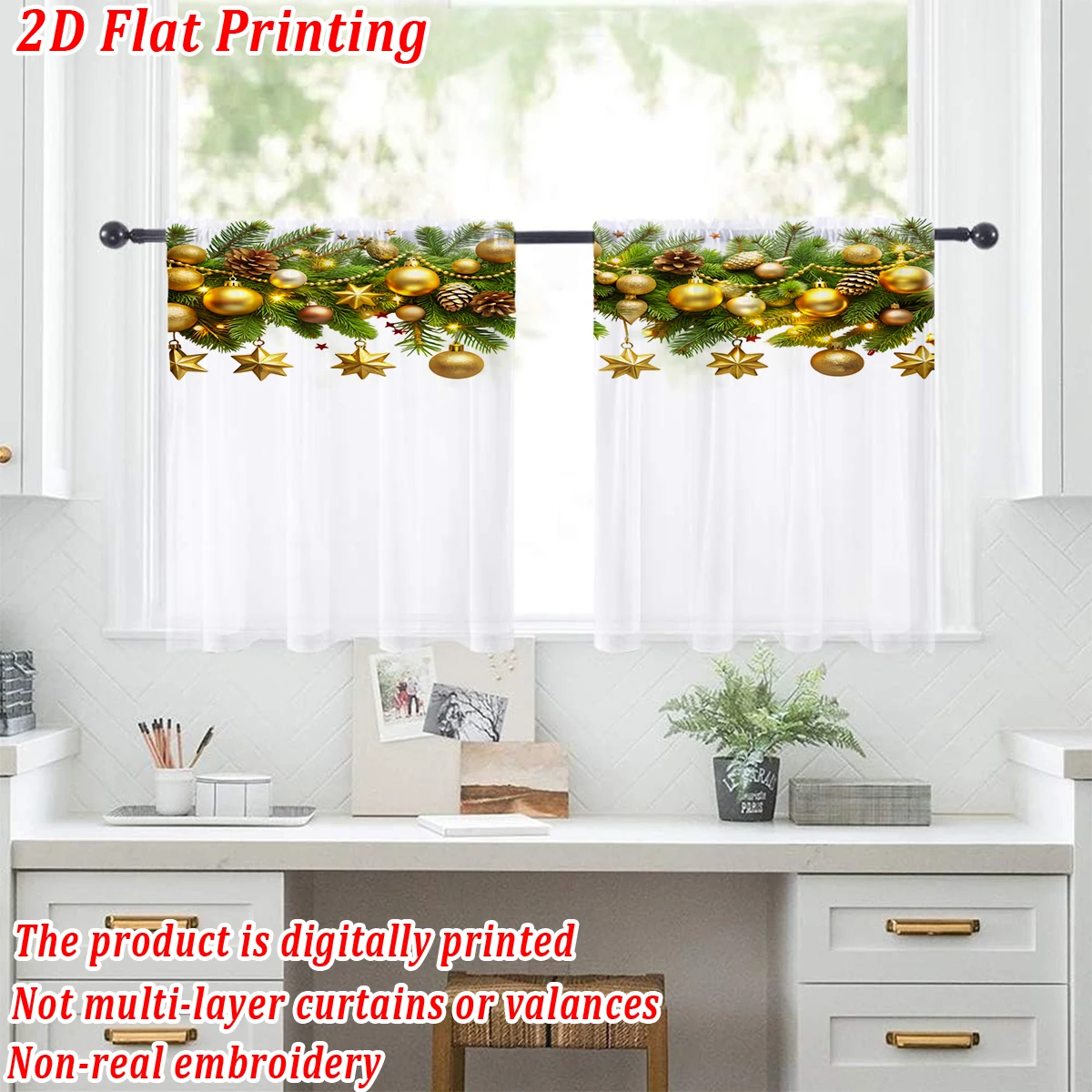 Christmas Flat Printing Kitchen Sheer Curtain with Christmas Ball Pinecone Star Pine Branch For Christmas Home Decor  Party