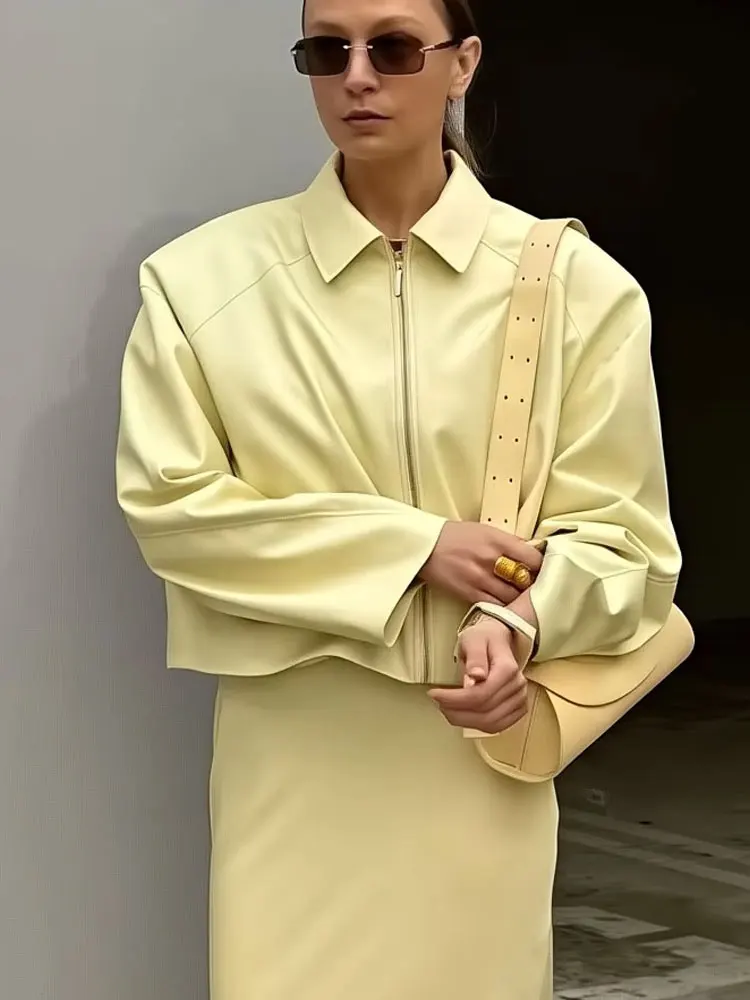 HH الخريف خمر بولي Leather سترة جلدية للنساء الصلبة Y2K طويلة الأكمام رفض طوق سستة معاطف الموضة ملابس خارجية غير رسمية