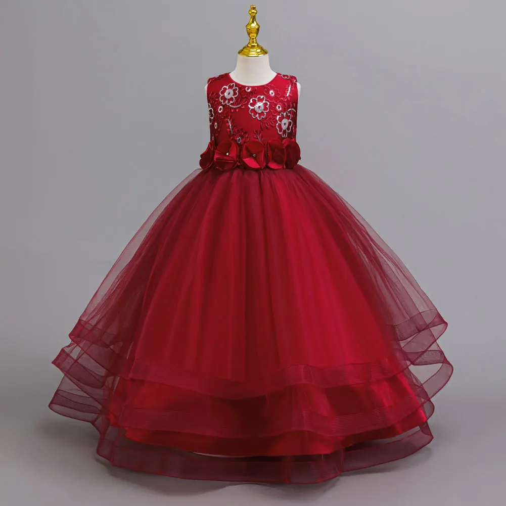 Flower Girls Dress Weddings High-Low Trailing Princess Embroidery Tulle Birthday Party Evening Gown Children Christmas Costumes