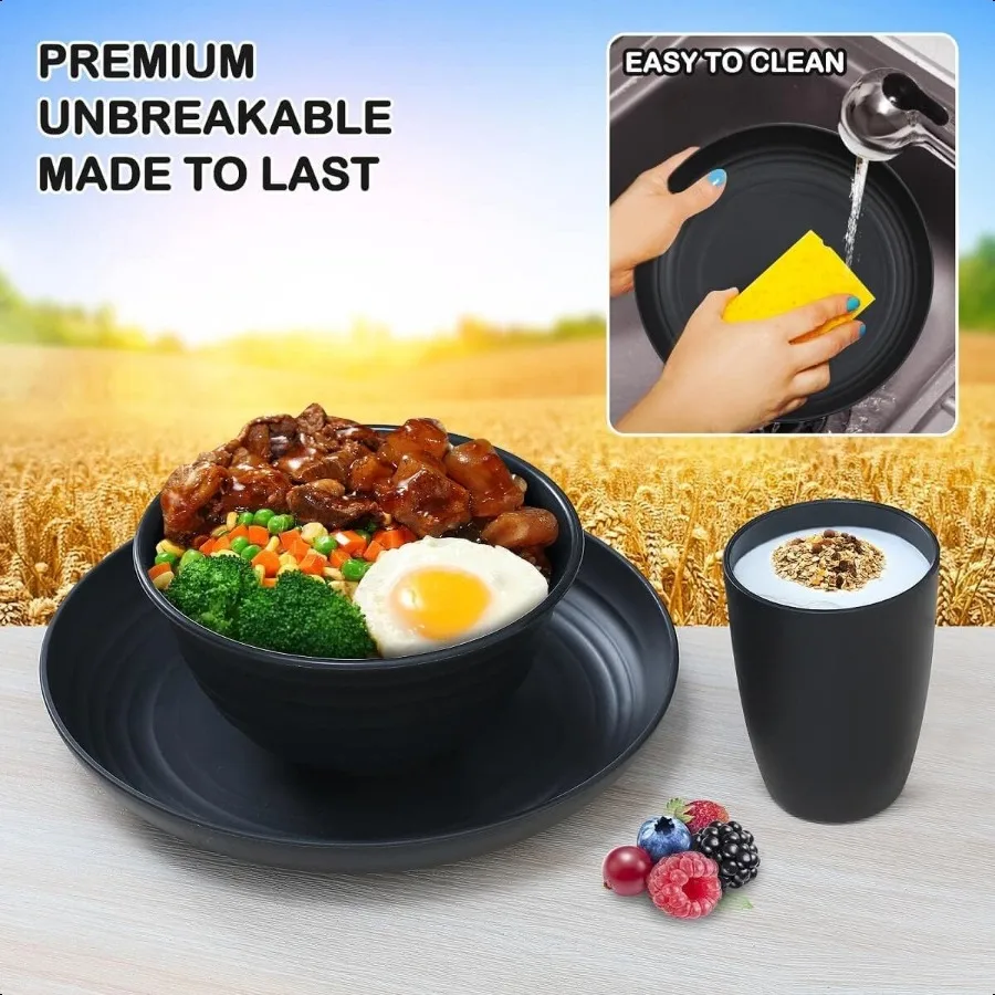 12pçs conjuntos de louça de palha de trigo de plástico, conjuntos de pratos e tigelas de palha de trigo para 4 entradas de dormitório universitário, máquina de lavar louça de micro-ondas