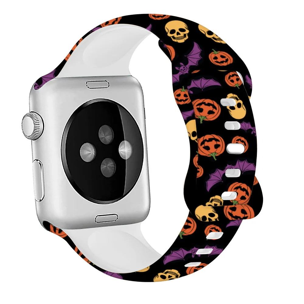 Halloweenowy silikonowy pasek do Apple Watch Ultra 8 7 6 5 4 SE drukowana bransoletka opaska na rękę dla iWatch 49mm 45mm 44mm 42mm 41mm 40mm