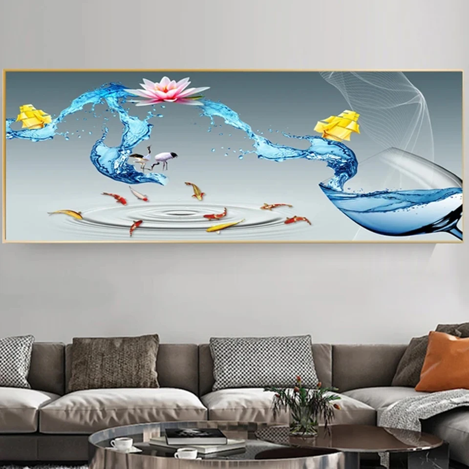 Modern luxury diamond painting embroidery glass sailboat decorative painting wall art Chinese gold living room decoration pp5604