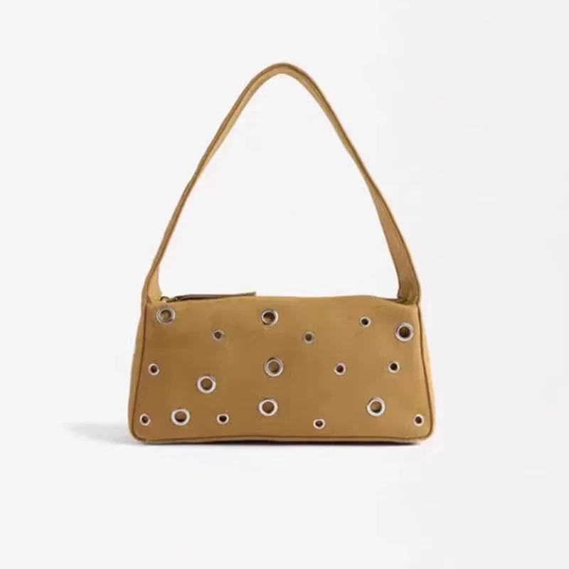 Luxury Designer Suede Handbag 2024 New Vintage Hollow out Rivet Tote Bags Crescent Underarm Bag Solid Color Trendy Shoulder Bag