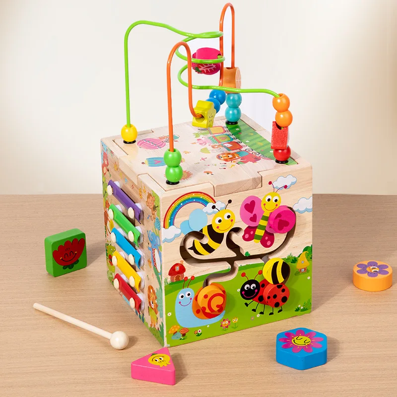 LazyChild Kids Wooden Multifunctional Four Sides Bead Maze Activity Cube Shape Color Matching Early Educational Puzzle Toy