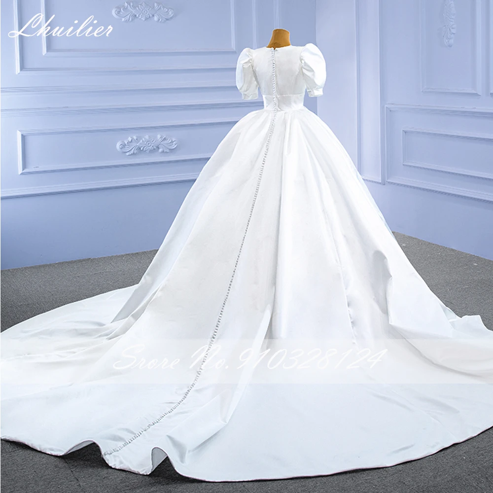 Lhuilier Customized V Neck Ball Gown Satin Wedding Dresses Short Puff Sleeves Bridal Gown with Chapel Train