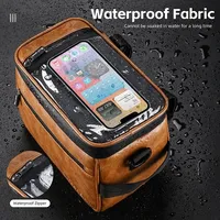 WEST BIKING Multifunctional Bicycle Handlebar Bag Waterproof Touch Screen Phone Bag Crazy Horse Leather Travel Insulated Bag