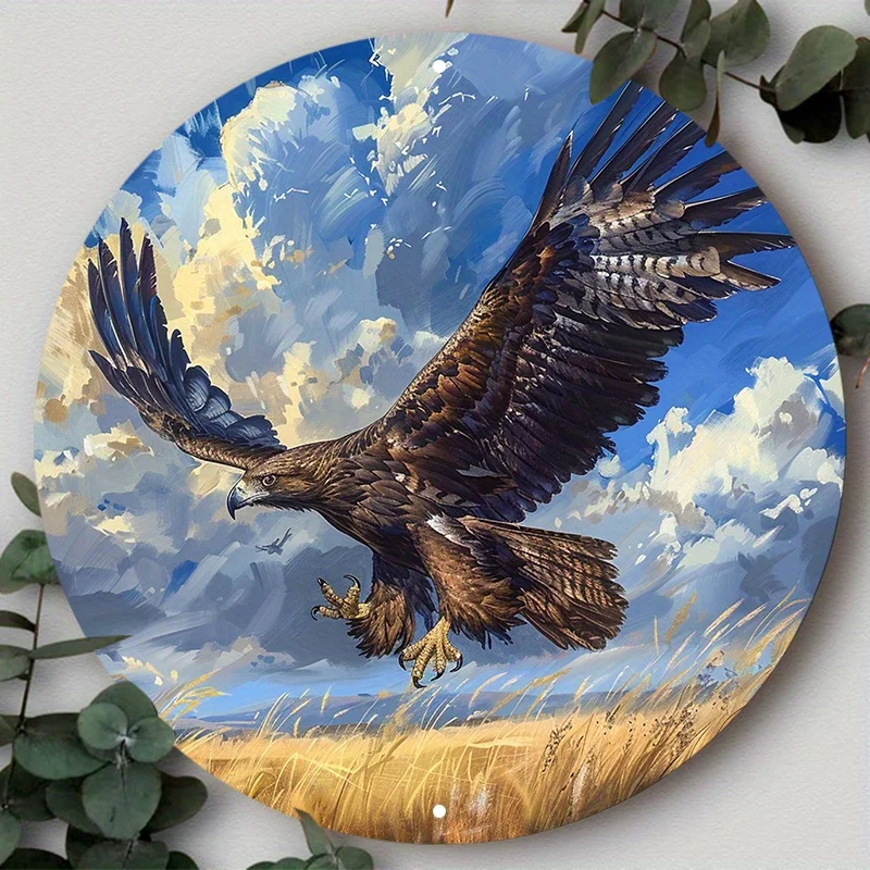 2D Flat, 1pc 2D Flat print Metal iron sign Eagle Metal Wall Art Sign, 20.32x20.32cm Circular Wreath Decor for Home, Tavern, and