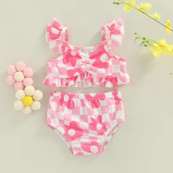 Tregren Toddler Baby Girls Bikinis Set Plaid Flower Print Swimsuit Fly Sleeve Camisole with Briefs Swimwear Beach Bathing Suits