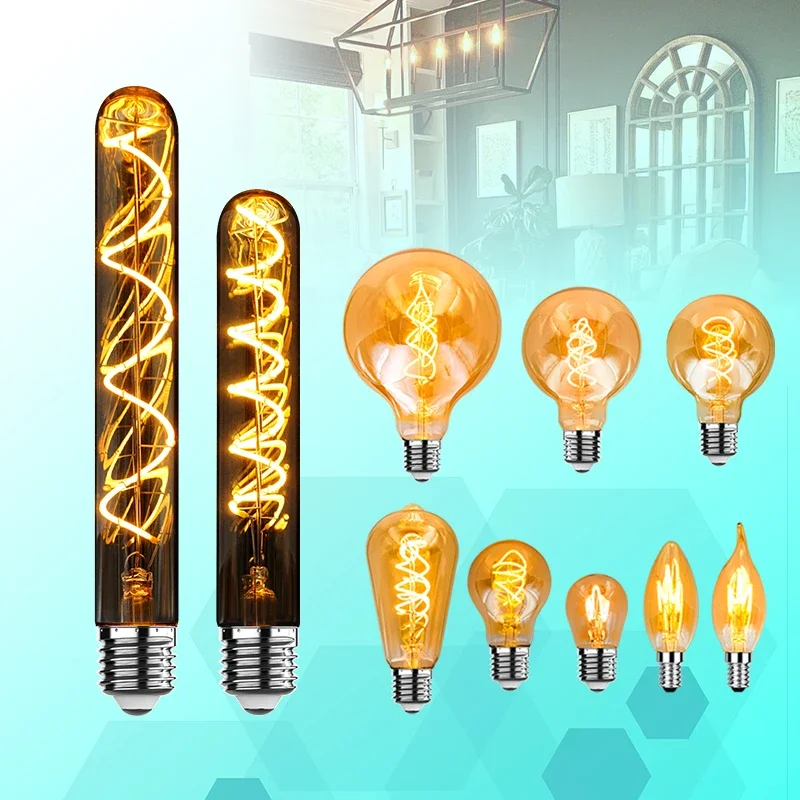 Retro LED Edison Bulb E27 E14 4W AC220V Glass Light Bulb C35 G45 T45 A60 ST64 T225 G80 G95 G125 Spiral Led Filament Vintage Lamp