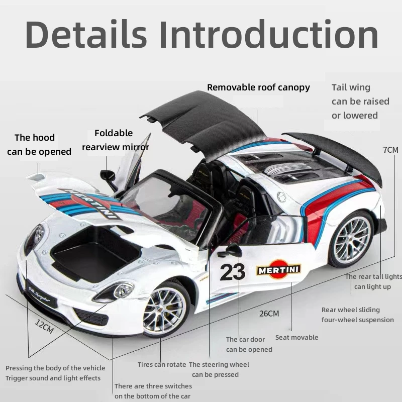 1:18 Scale Car Model Porsche Martini 918 Spyder Alloy Miniature Diecast Metal Sound＆Light Collection Children Toy Vehcile Gift ﻿