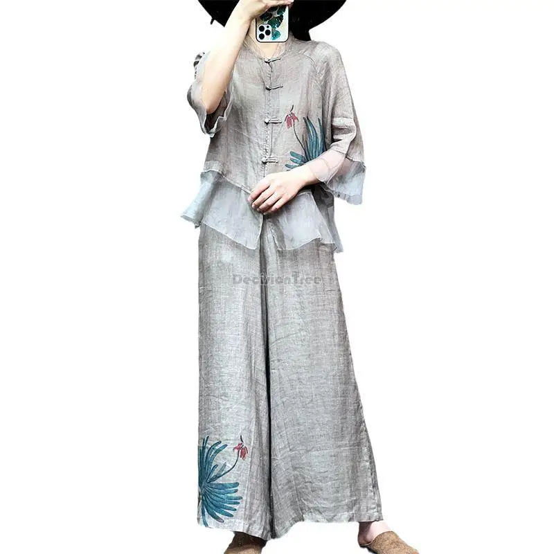 2023 summer chinese national style printed disc button stand collar ramie patchwork blouse long pants casual set female s335