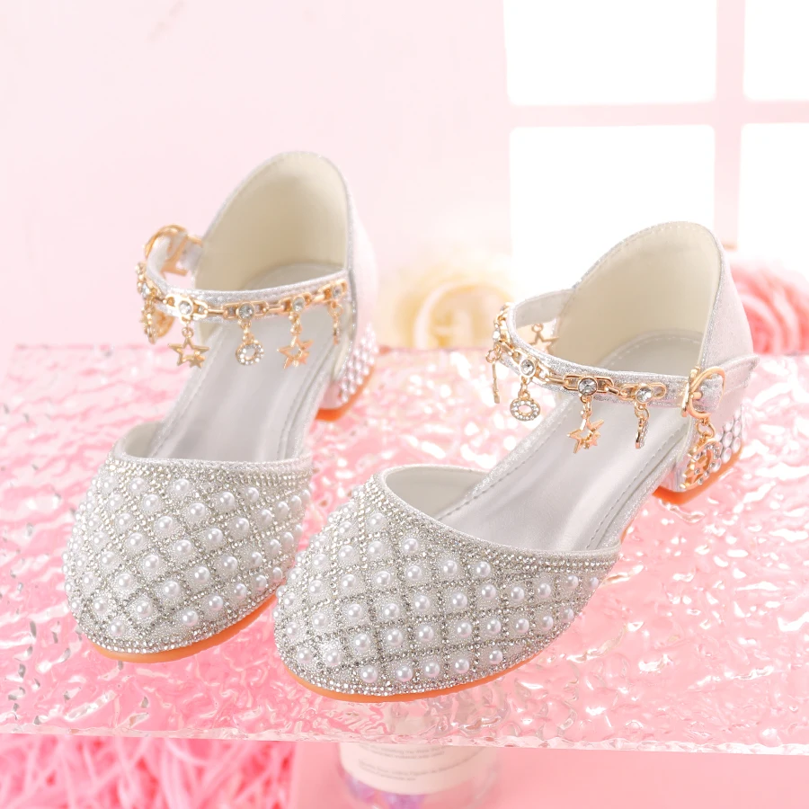 Girl's crystal high heels paired with formal dress performance princess shoes