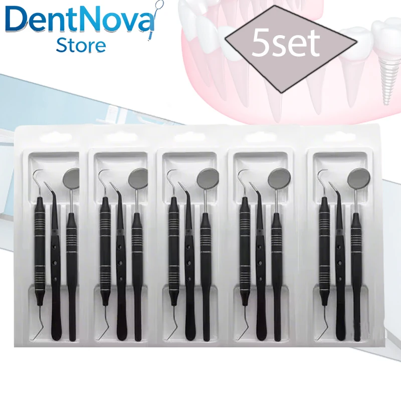 

5set Dental Kit Professional Grade Stainless Steel Mouth Mirror Probe Tweezers Set for Clinic Use