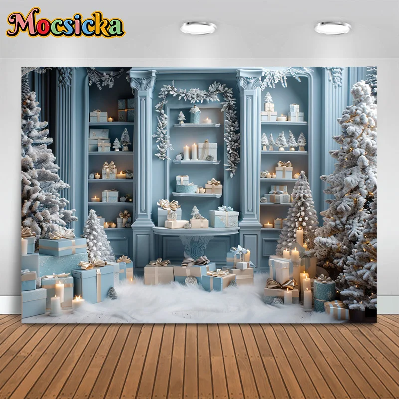 Merry Christmas Photography Background Baby Blue Gift Cabinet Stand Xmas Tree Candle Backdrop Decor Child Winter Birthday Party