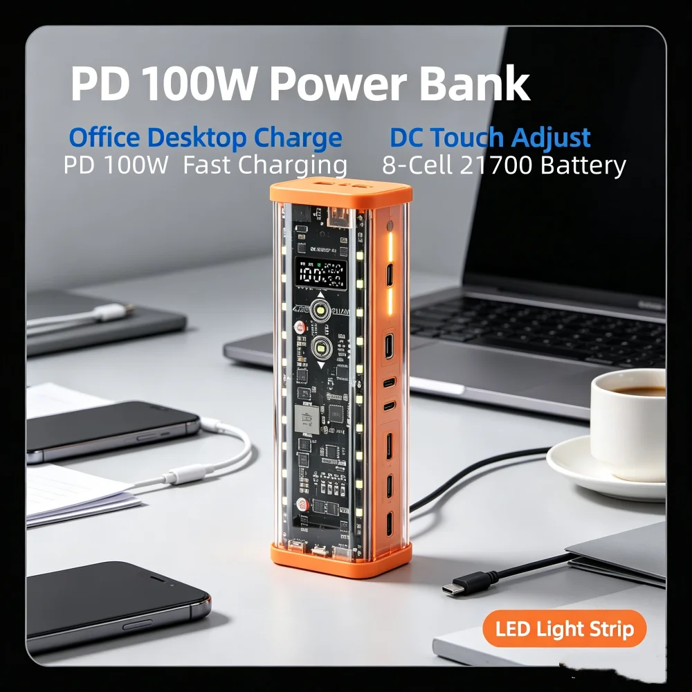 Pd 100w Fast Charging Power Bank 8-cell 21700 Battery Holder Diy Shell Module With Led Light Battery Box Touch Dc Voltage Adjust