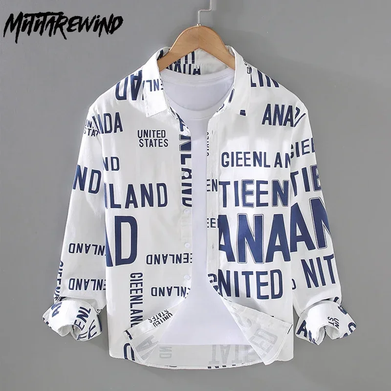 

Korean Fashion Long Sleeve Shirt Men Spring and Autumn Streetwear Boys Tops Lapel Full Letters Printed Shirt Youth Casual Shirts