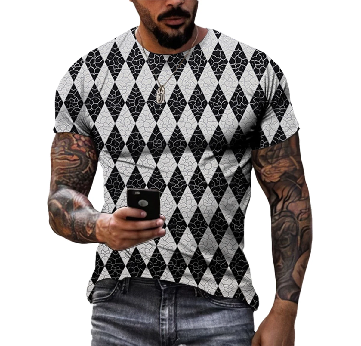 Summer Trend Men\'s T-shirt Diamond Stripe 3D Printing Loose Large Size Short-sleeved Home Casual Quick-drying Breathable Shirt