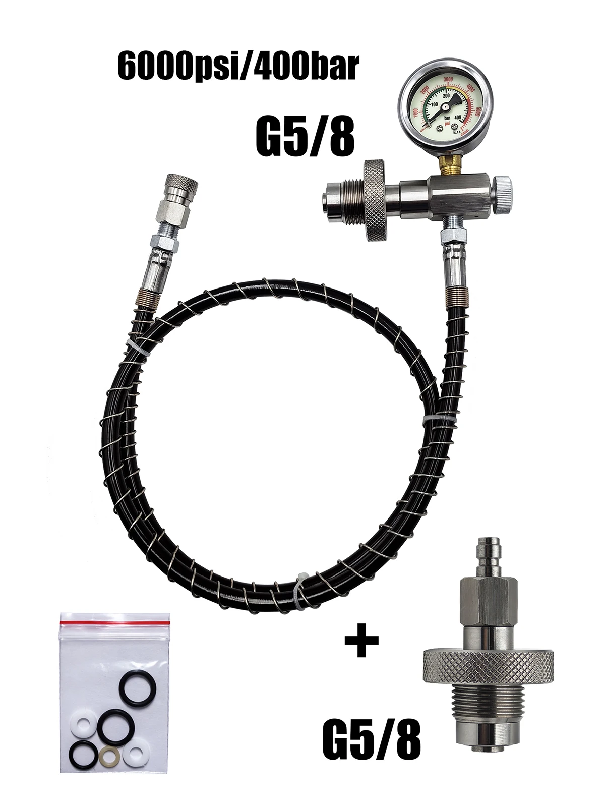 HPA DIN300 – stacja do napełniania i równoważenia nacisku w cylindrach, wyposażona w wąż ciśnieniowy i manometr, 232 bar lub 300 bar, do przepompowywania gazów. (37 cali i złącze) — Zdjęcie 2 z 2