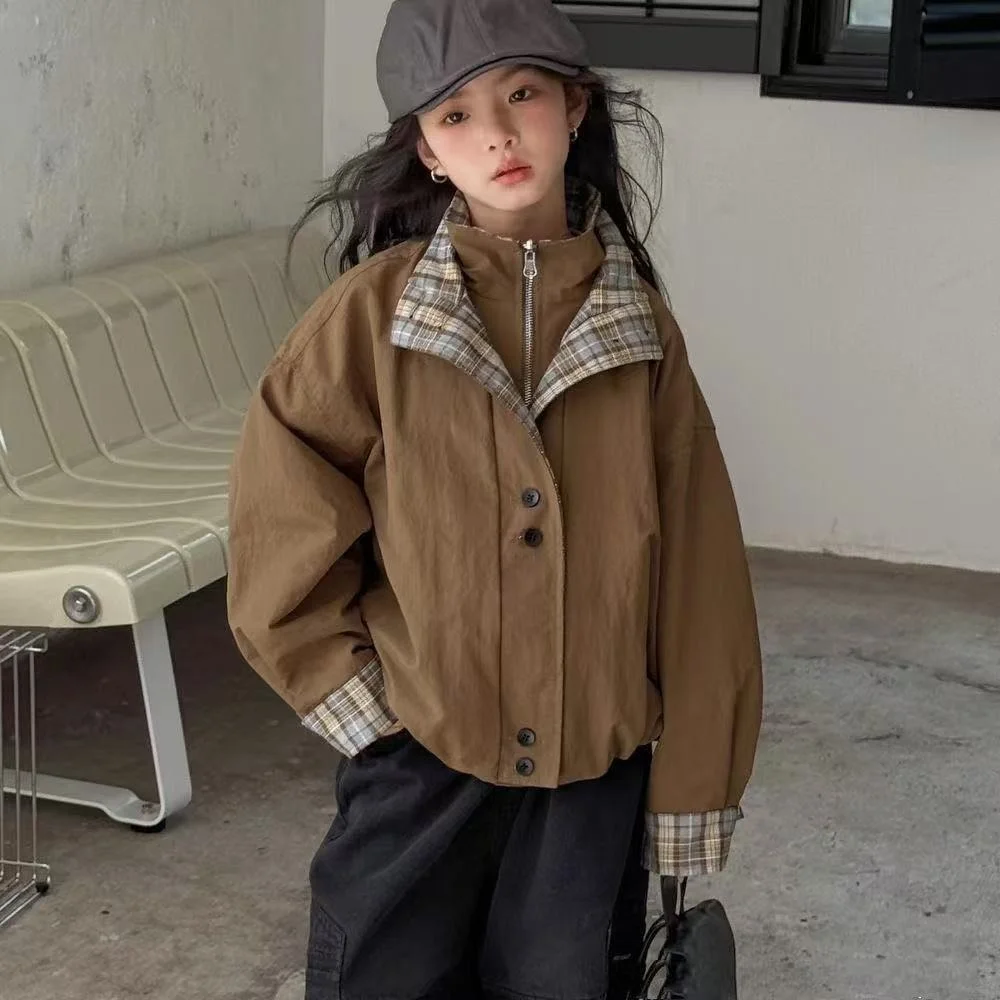2026 New Girls' Spring Children's Plaid Spliced Jacket Medium and Large Boys and Girls' Windbreaker Jacket Autumn Clothes