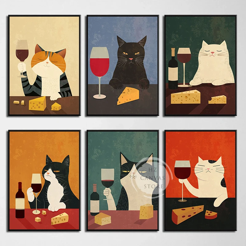 Cheese on Table Cats Drinking Wine Canvas Painting Funny Animal Vintage Posters Prints Wall Art Picture for Kitchen Home Decor