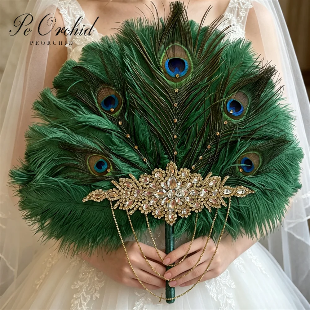 PEORCHID Abanico de Novia de Plumas de Avestruz Verdes con Cristales de Lujo, Ramo de Novia Estilo Gatsby Años 20, Abanico de Mano Art Deco para Boda