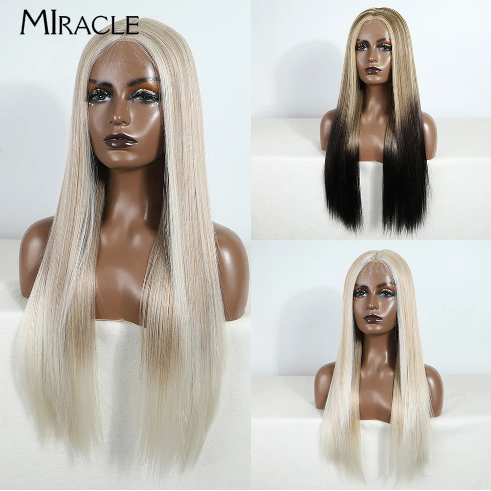 MIRACLE Synthetic Lace Front Wig 30 inch Long Straight Wigs for Women Ombre Fake Hair Straight Lace Wig Soft Heat Resistant