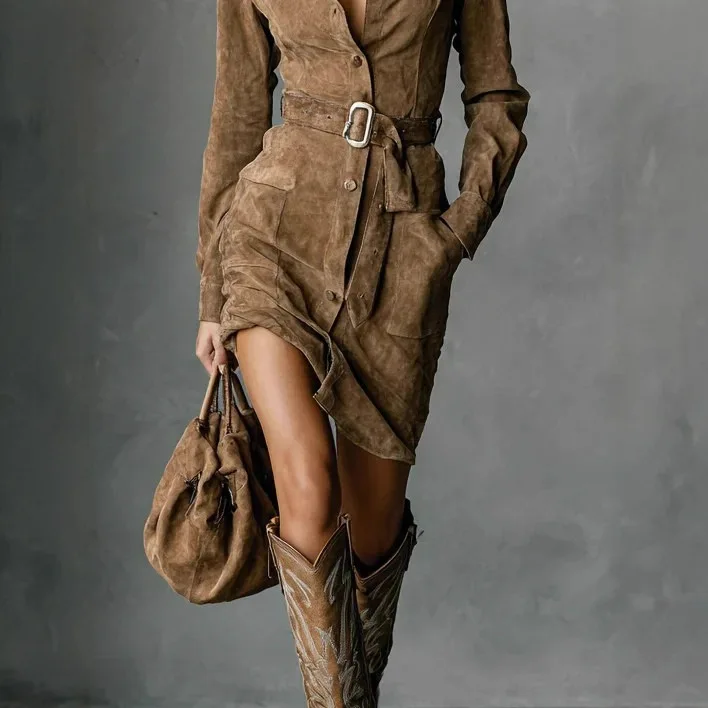 ملابس نسائية فساتين حفلات أنيقة من جلد الغزال موضة كم طويل طية صدر السترة تنورة واحدة فستان قميص مع حزام فستان نسائي قصير #3