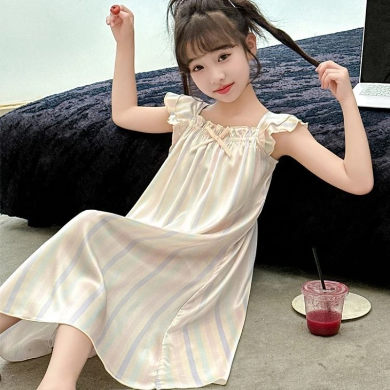 New Summer Korean Style Girls Sleeveless Nightgown Ice Silk Pajama Dress Outer Wear - view 2