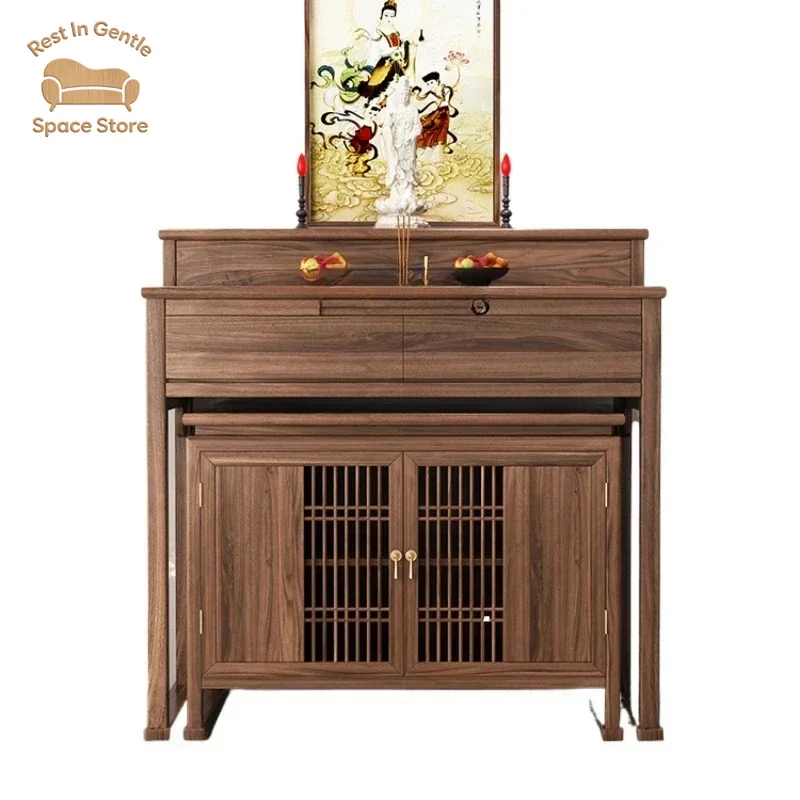 XL Black Walnut Solid Wood Altar Incense Burner Table Home Chinese Step Cabinet Buddha Shrine Buddha Niche