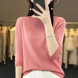 Fashion short sleeve 100% merino wool sweater basic O-neck cashmere women's knitted top pullover sweater top T-shirt