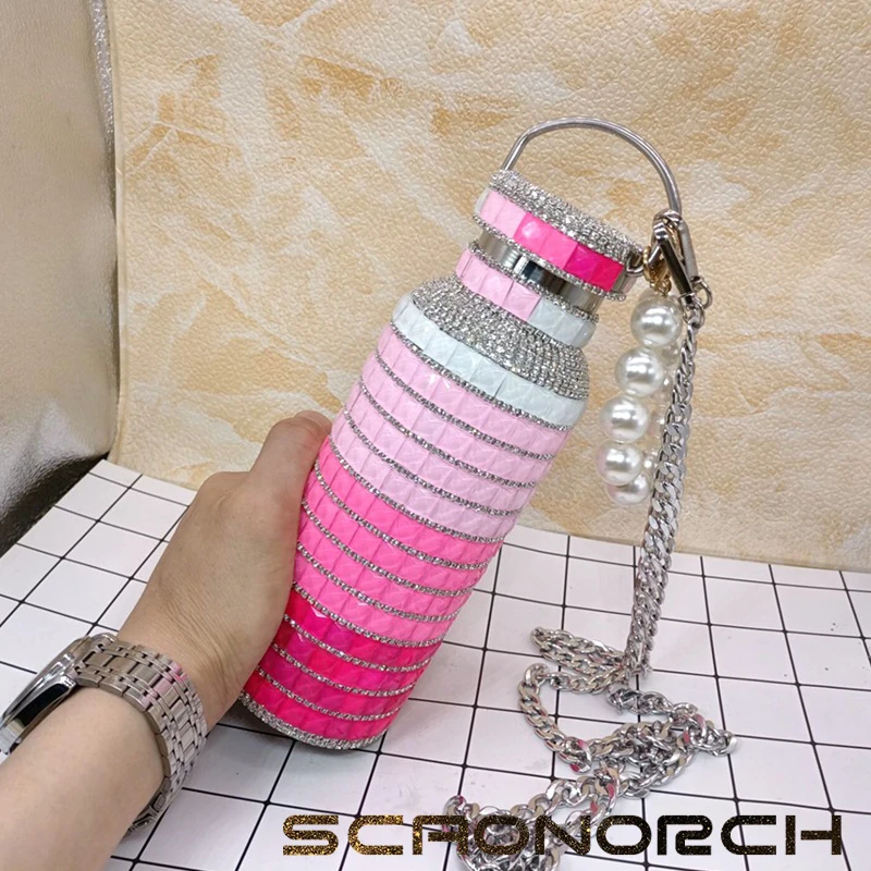 Bling Rhinestone Thermos Insulated  Vacuum Cup Stainless Steel Flask Bottle Drinking Kettle with Chain Portable water bottles