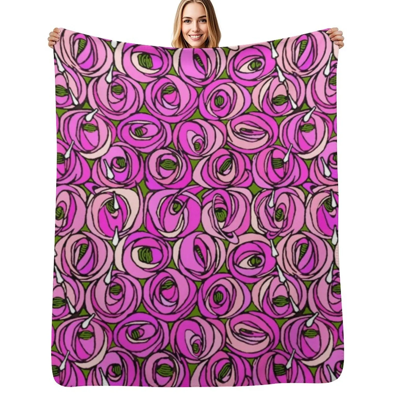Charles Rennie Mackintosh flowers design, pink, white Throw Blanket Lightweight Warm Blanket for Travel Camping