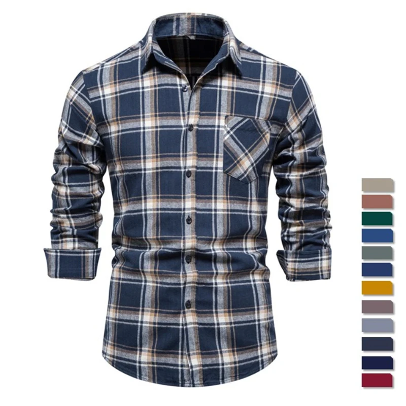 

Men Plaid Shirts 100% Cotton Washed Brushed Square Collar Checkered Shirts Male Autumn Slim Fit Fashion Shirts for Men