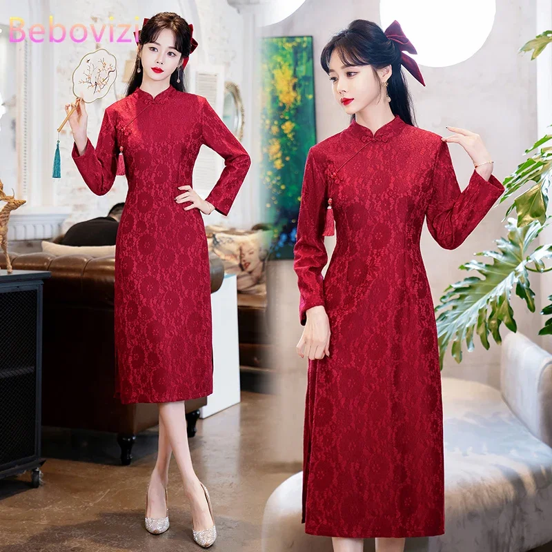 

Autumn Winter Dress Dinner High-end Chinese Style Long Sleeve Cheongsam Elegant and Pretty Women's Qipao Dresses New Year CNY