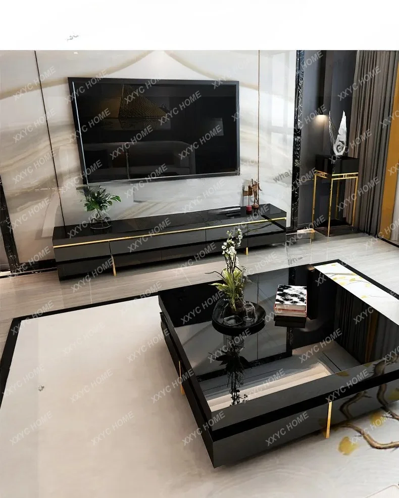 

Light luxury TV cabinet coffee table combination modern simple floor cabinet small apartment living room tempered glass surface