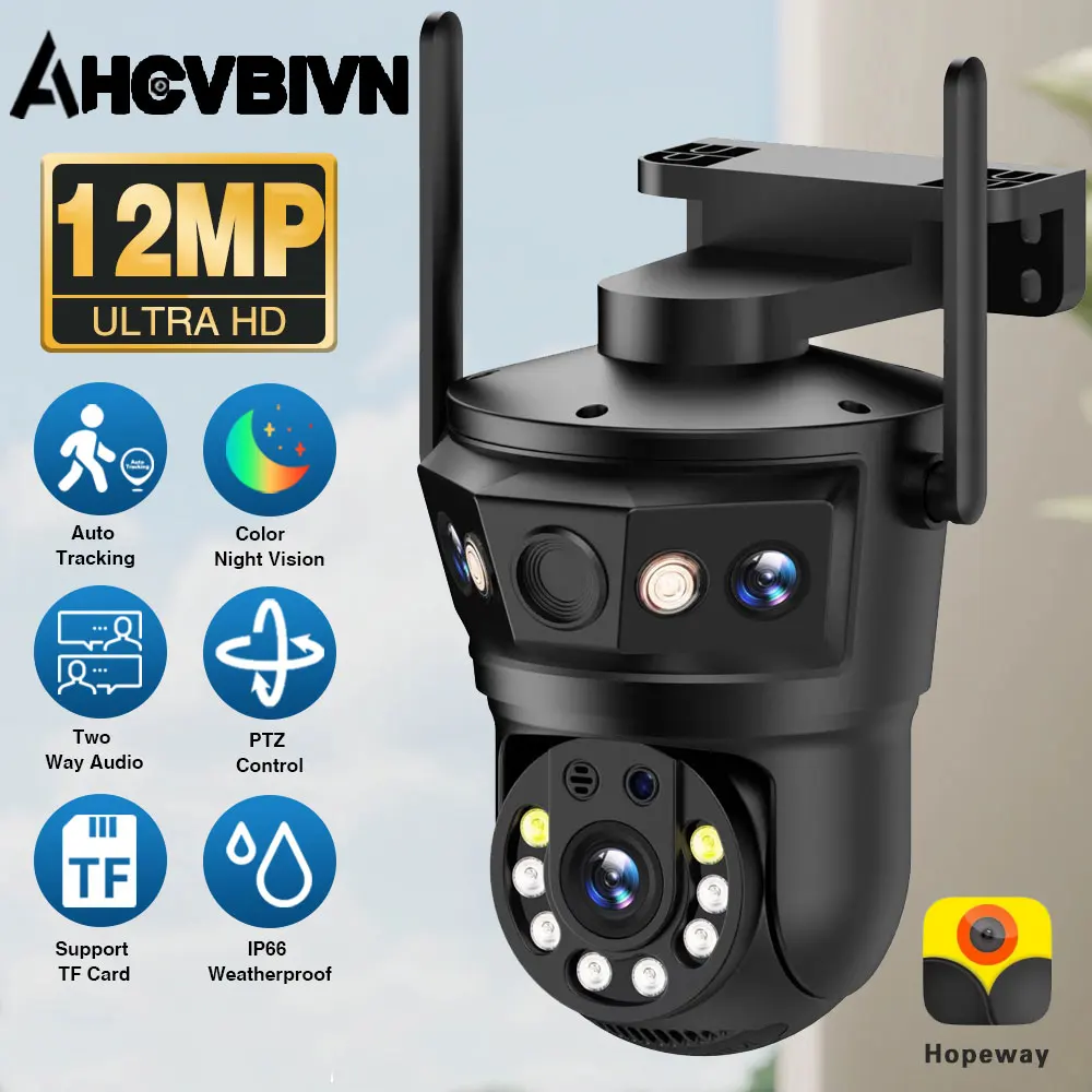 

Three Lens Three Screen 12MP 6K Outdoor Surveillance Wireless Wifi PTZ IP Cameras Auto Tracking Two Way Audio Cam