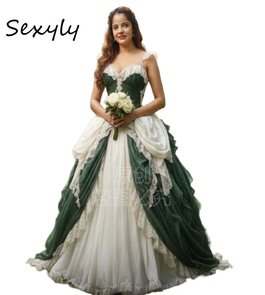 Fantasy Green Gothic Wedding Dress 2026 Sweetheart Lace Medieval Celtic Bridal Dress 1850s Elegant Victorian Renaissance Bride