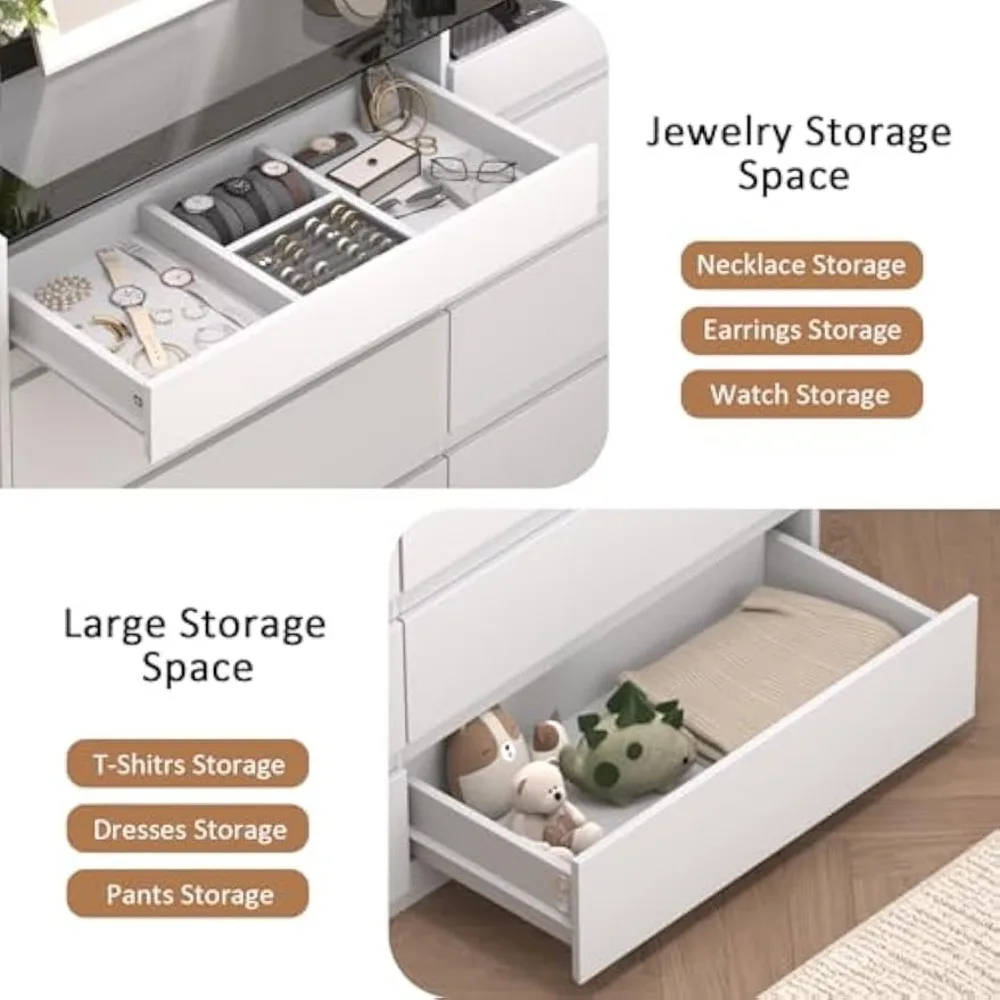 White Dresser for Bedroom, 8 Drawer Dresser with Glass Top and LED Light, Modern Chest of Drawers, Jewelry Closet Island with Dr