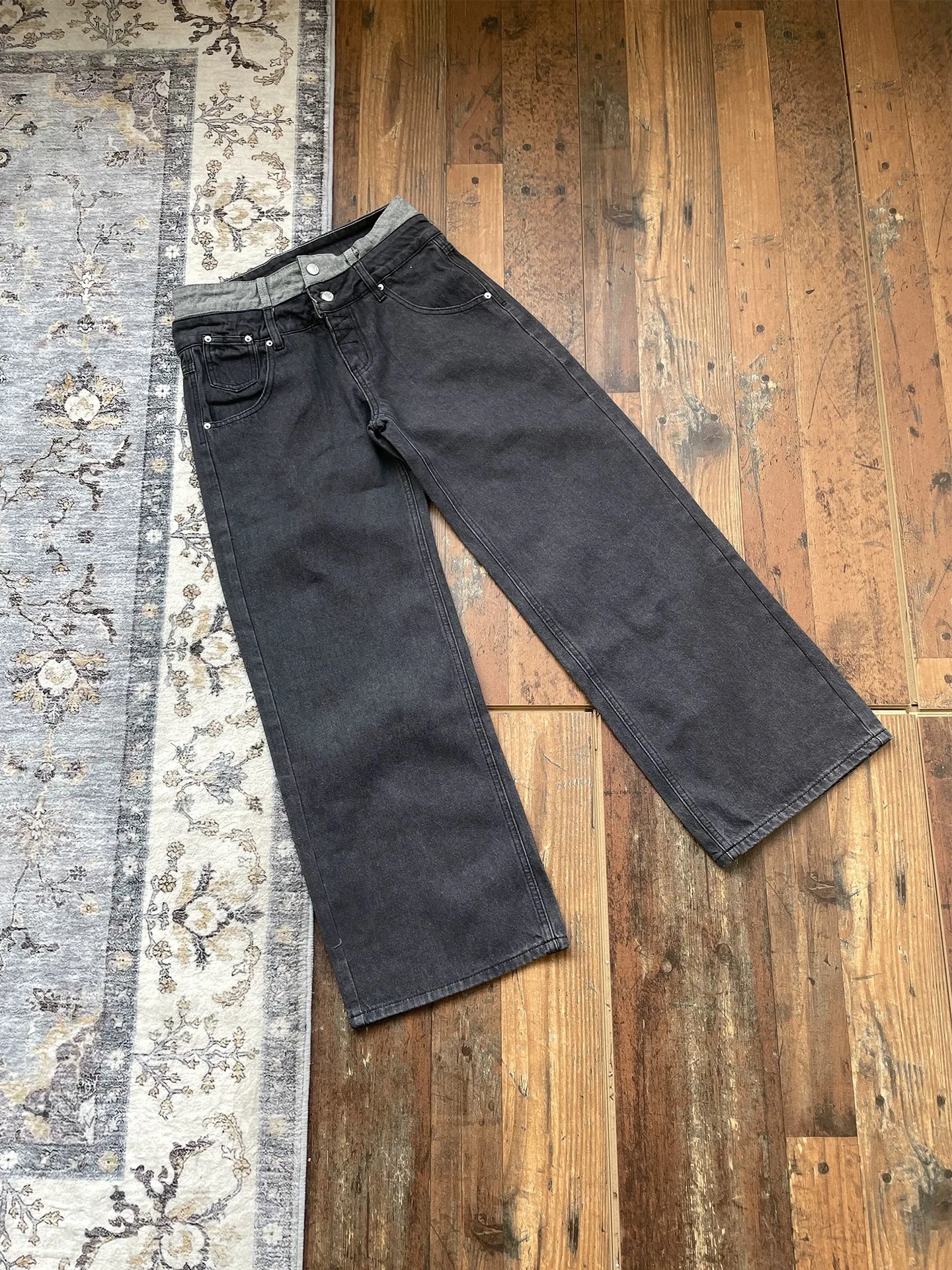 

American Retro Patchwork Double Waist Original Denim Jeans ex Casual Loose Bla Waed Long Pants Straight Leg Jeans