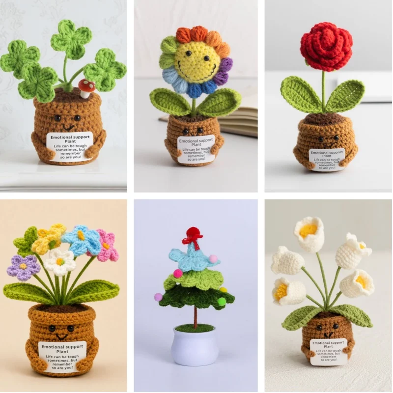 Mini linhas de crochê rosas girassóis vaso suporte emocional plantas recheadas mãe dia dos namorados presentes de formatura de natal