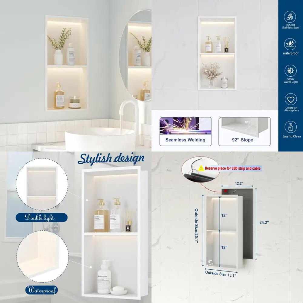

Two-Tier 12x24 Inch LED-Illuminated Wall Niche Cabinet in White with Stainless Steel Shelves, No Tiling Required