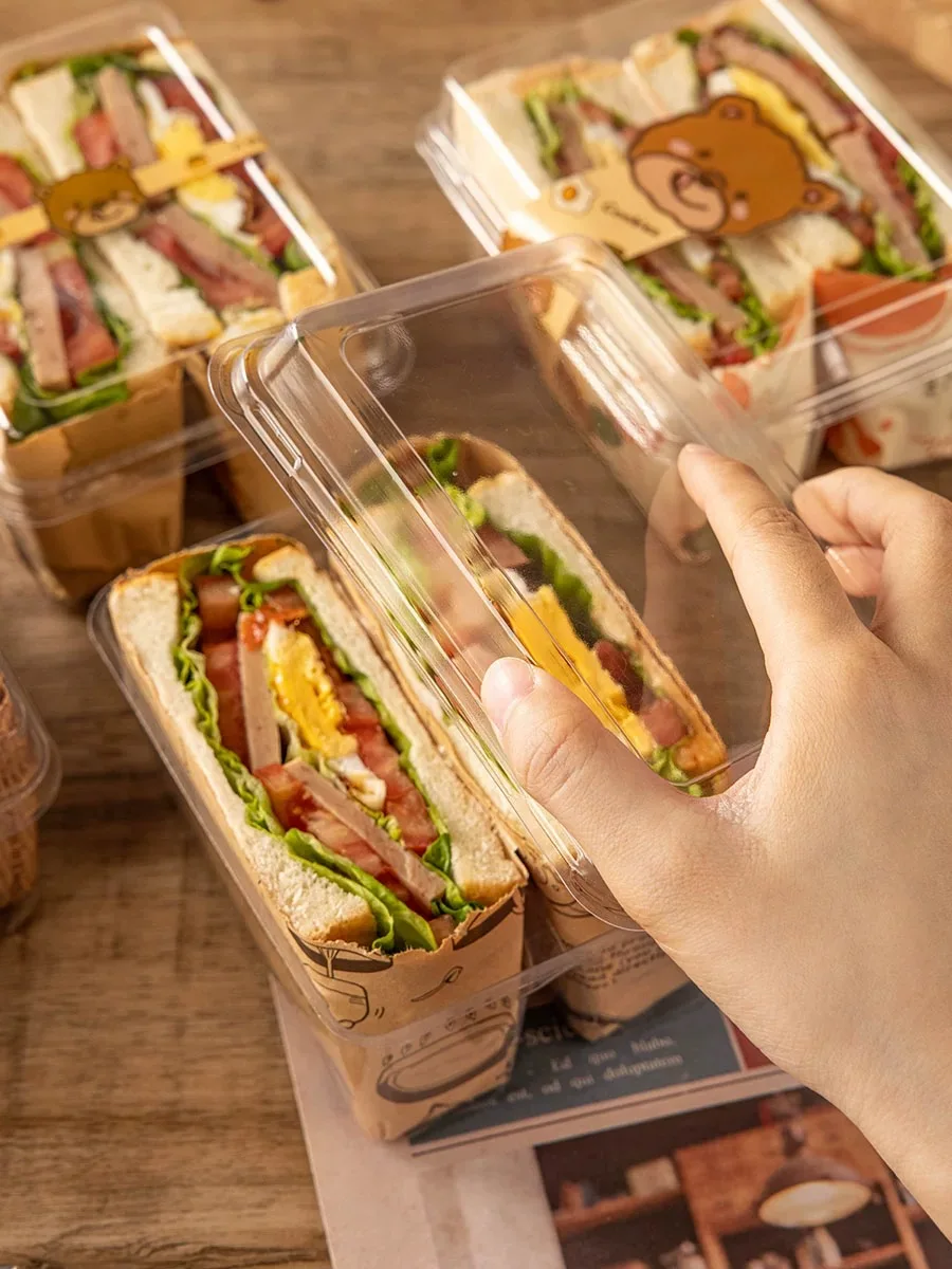 Sandwich-Verpackungsbox mit Doppelteilen, transparente, quadratische, trendige Einweg-Box für Brot und Toast, 10 Stück – Detail 5