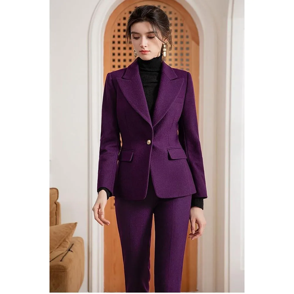 Classy Winter Women Clothing Single Button 2 Pieces Purple Jacket Pants Female Suits New in Banquet Office Lady's Blazers Sets