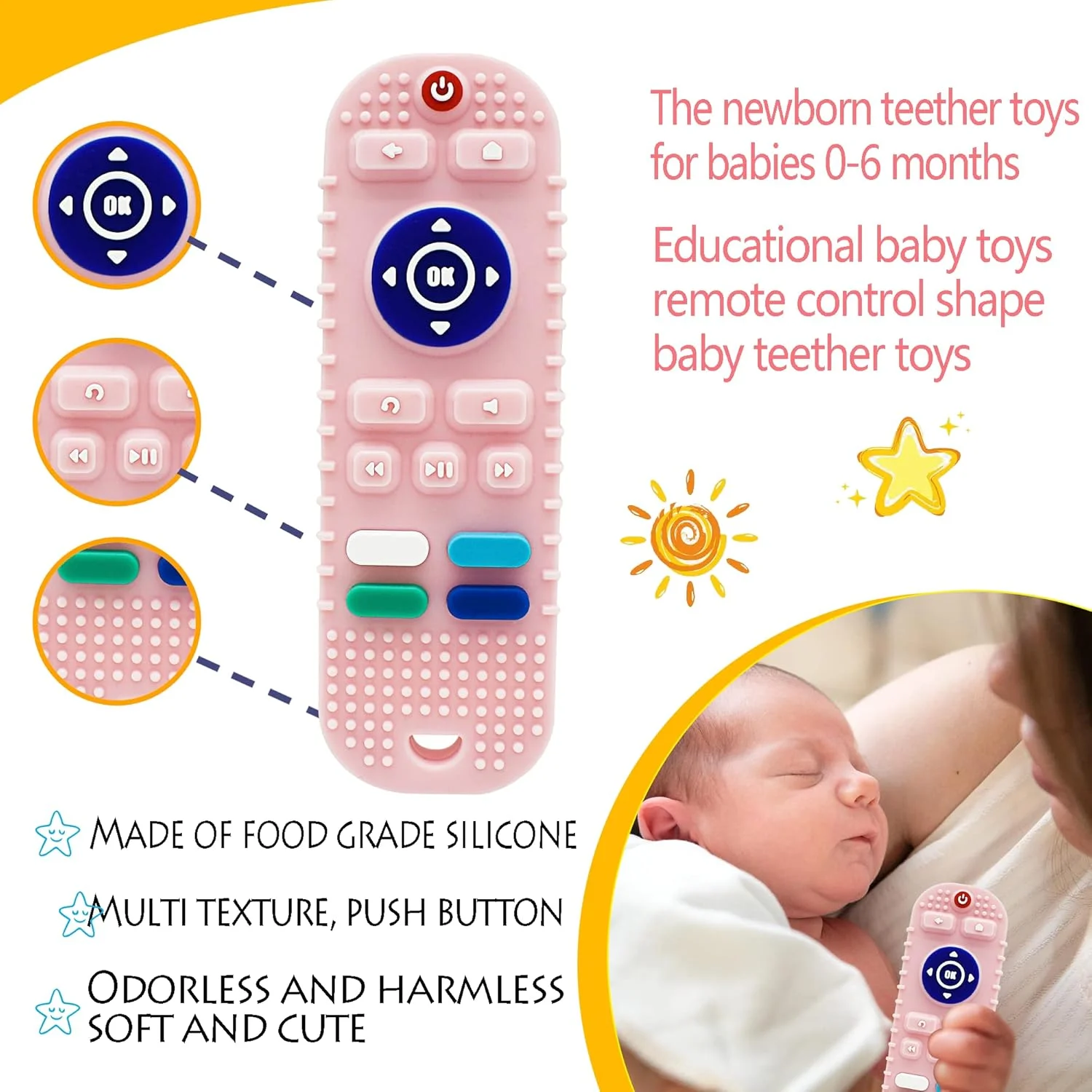 Girls pink teething toys, remote control teether, 3-12 months baby, food grade silicone material, creative simulation remote